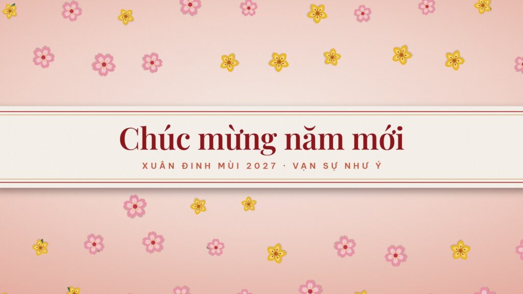 Hình nền máy tính Tết 2027 nền hồng phấn rải hoa đào, hoa mai, dải lụa kem ngang giữa với chữ Chúc mừng năm mới, Xuân Đinh Mùi 2027, Vạn sự như ý