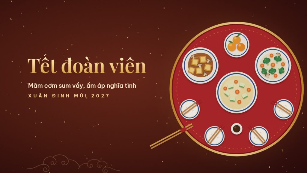 Hình nền máy tính Tết 2027 nền nâu đỏ sơn mài, mâm cơm sơn đỏ nhiều món nhìn từ trên xuống, đôi đũa và chữ vàng Tết đoàn viên, Mâm cơm sum vầy