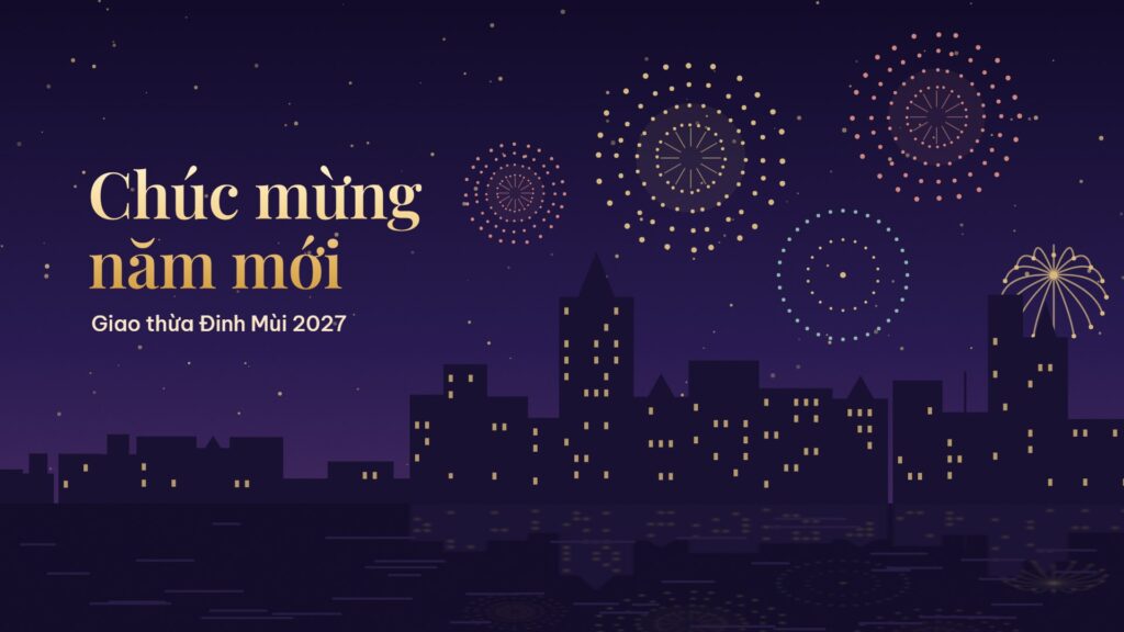 Hình nền máy tính Tết 2027 pháo hoa vàng, hồng, xanh trên thành phố ven sông về đêm, bóng nước lung linh và chữ vàng Chúc mừng năm mới, Giao thừa Đinh Mùi 2027