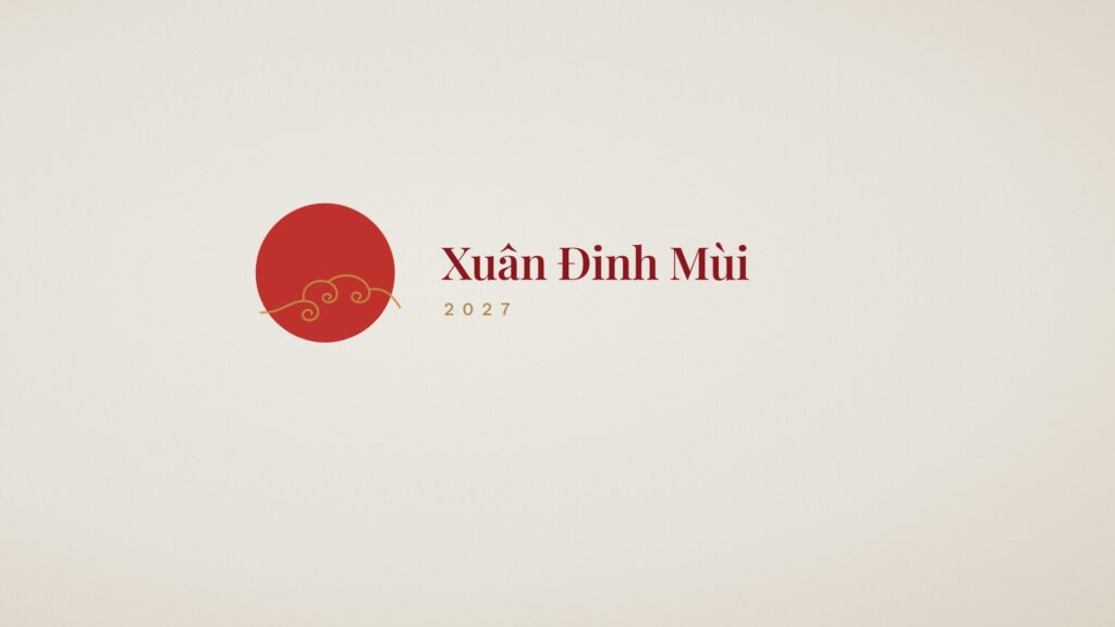 Hình nền máy tính Tết 2027 tối giản nền kem xám, vầng mặt trời đỏ với một áng mây vàng mảnh và chữ Xuân Đinh Mùi, 2027