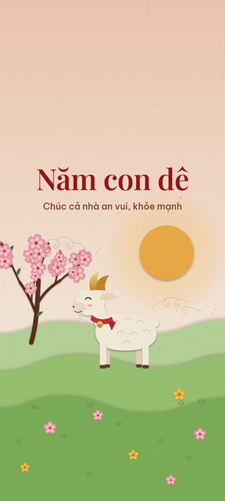 Hình nền điện thoại Tết 2027 chú dê trắng quàng khăn đỏ đứng trên đồi cỏ xanh, cây đào, mặt trời vàng và chữ Năm con dê, chúc cả nhà an vui