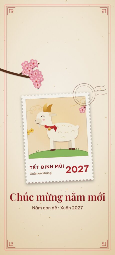 Hình nền điện thoại Tết 2027 nền kem viền đỏ, con tem răng cưa in hình chú dê bên hoa đào, mai, dấu bưu điện và chữ Chúc mừng năm mới, Năm con dê