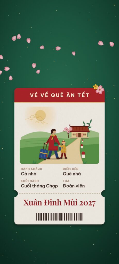Hình nền điện thoại Tết 2027 nền xanh lá, tấm vé Về quê ăn Tết in tranh hai mẹ con về làng, hành khách Cả nhà, điểm đến Quê nhà, Xuân Đinh Mùi 2027