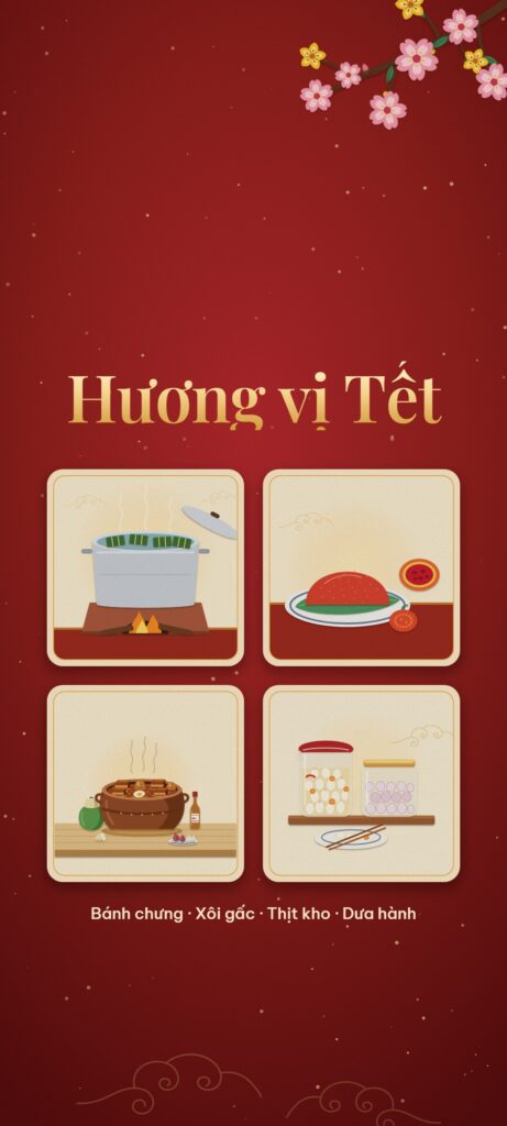 Hình nền điện thoại Tết 2027 nền đỏ với bốn ô tranh luộc bánh chưng, xôi gấc, thịt kho tàu, dưa hành và chữ vàng Hương vị Tết