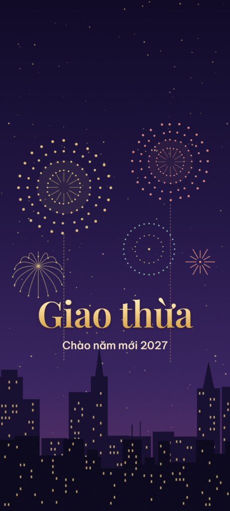 Hình nền điện thoại Tết 2027 nền tím đêm, pháo hoa vàng, hồng, xanh ngọc trên dãy nhà cao tầng sáng đèn và chữ vàng Giao thừa, Chào năm mới 2027
