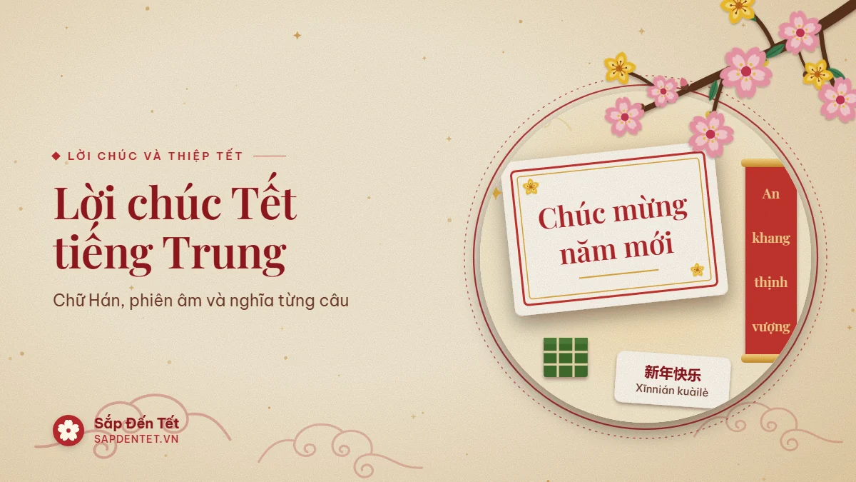 Minh họa lời chúc Tết tiếng Trung theo kiểu Việt: tấm thiệp Tết viết chữ quốc ngữ Chúc mừng năm mới, dải giấy đỏ ghi An khang thịnh vượng, chiếc bánh chưng và tấm thẻ nhỏ ghi câu chúc mừng năm mới bằng chữ Hán kèm phiên âm