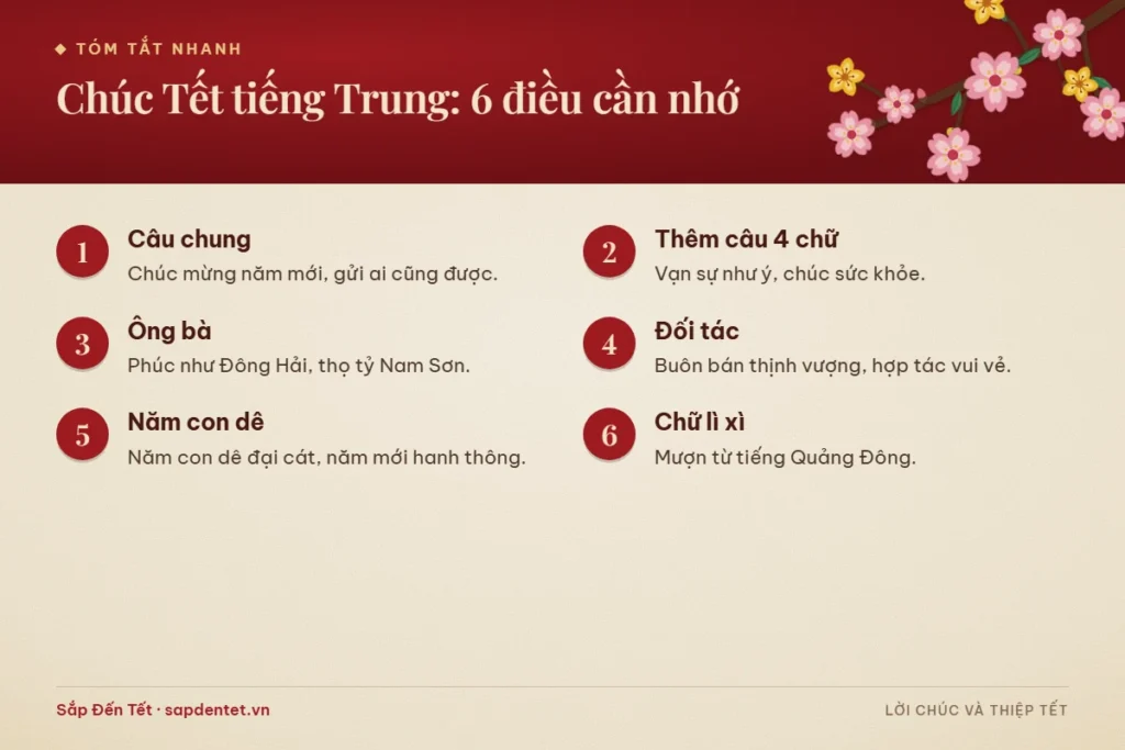 Tóm tắt 6 điều cần nhớ khi chúc Tết tiếng Trung: câu chúc mừng năm mới gửi ai cũng được, thêm câu bốn chữ như vạn sự như ý, chúc ông bà phúc như Đông Hải thọ tỷ Nam Sơn, chúc đối tác buôn bán thịnh vượng, câu chúc năm con dê và chữ lì xì mượn từ tiếng Quảng Đông