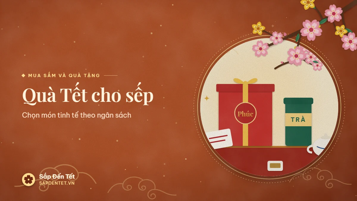 Minh họa quà Tết cho sếp: hộp quà đỏ in chữ Phúc thắt ruy băng vàng, hộp trà xanh ghi chữ Trà, tấm thiệp nhỏ và ấm trà sứ đặt trên bàn đỏ, phía trên là cành đào