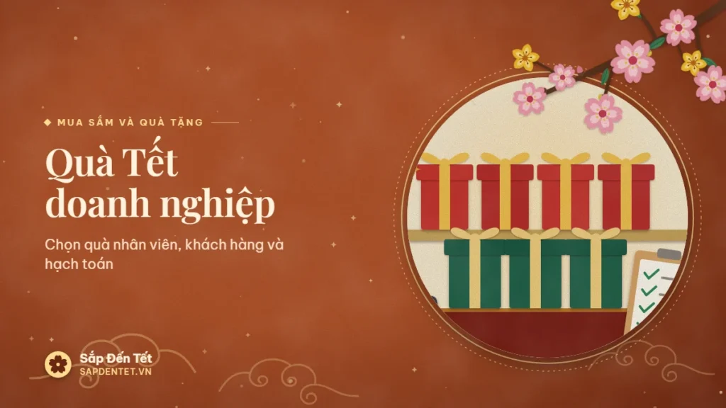 Minh họa quà Tết doanh nghiệp: hai hàng hộp quà đỏ và xanh lá giống nhau thắt ruy băng vàng xếp trên kệ, bên cạnh là bảng kẹp giấy có danh sách đã đánh dấu