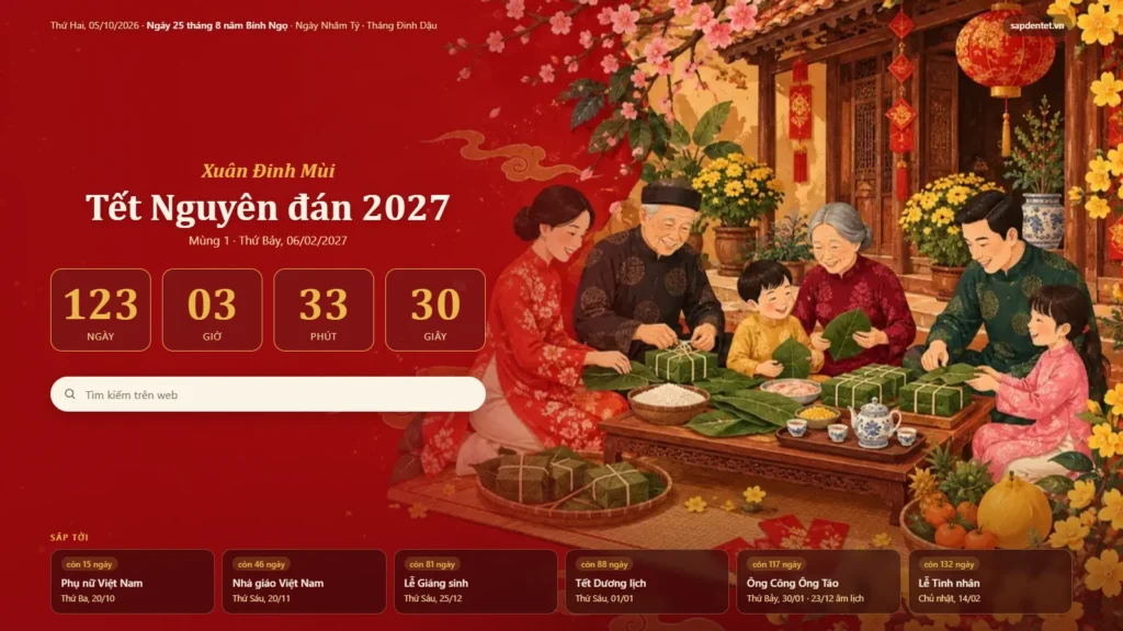 Ảnh chụp tab mới khi cài tiện ích Sắp Tết: nền đỏ bên trái ghi Xuân Đinh Mùi, Tết Nguyên đán 2027, bốn ô đếm ngược 123 ngày 03 giờ 33 phút 30 giây và ô tìm kiếm; dòng trên cùng ghi âm lịch hôm nay; bên phải là tranh gia đình gói bánh chưng; phía dưới là sáu thẻ ngày lễ sắp tới
